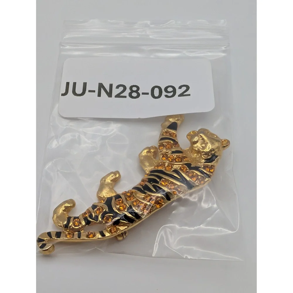 Vintage Tiger Panther Brooch Pin Gold Tone Black Enamel Amber Rhinestone Big Cat